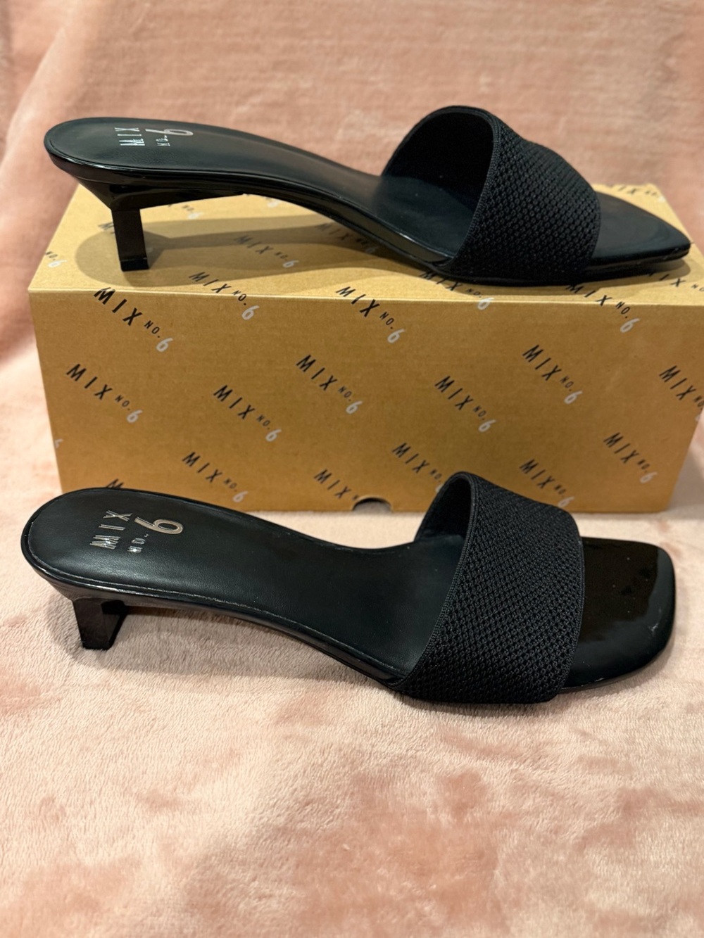 Mix No. 6 Black Textured Open-Toe Kitten Heel Mule